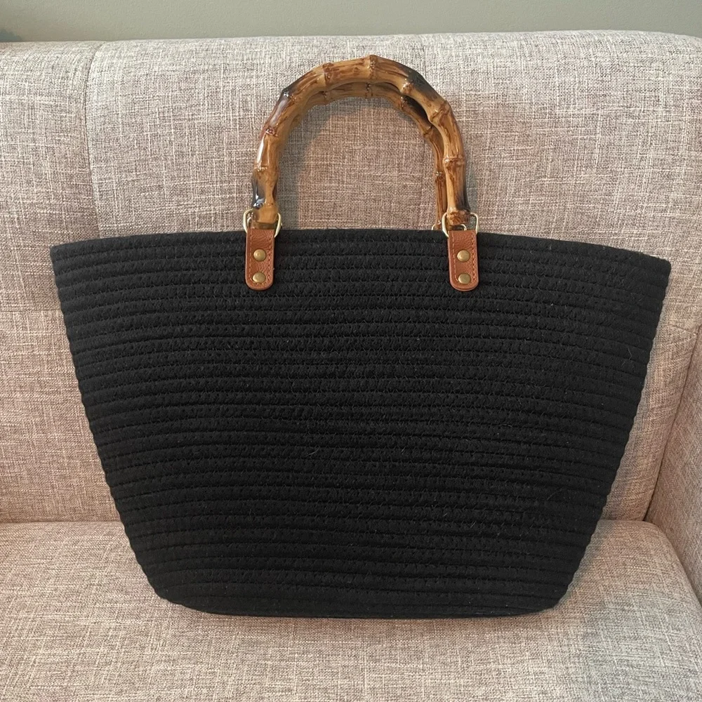 Woven Tote Handbag with Bamboo Resin Handles - Picture 2 of 6